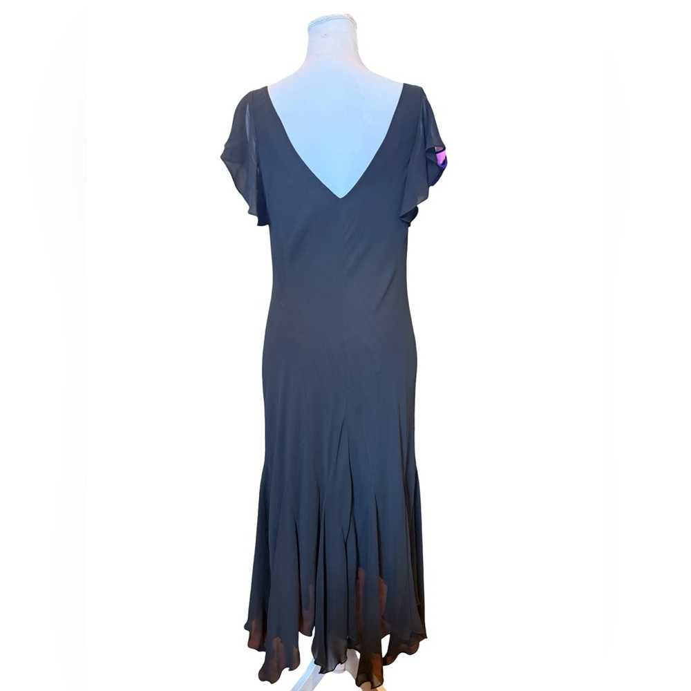 Y2K S.L. Fashions Black Midi Dress 12 Sheer Flutter Sleeve Beaded Hem Formal - Picture 7 of 9